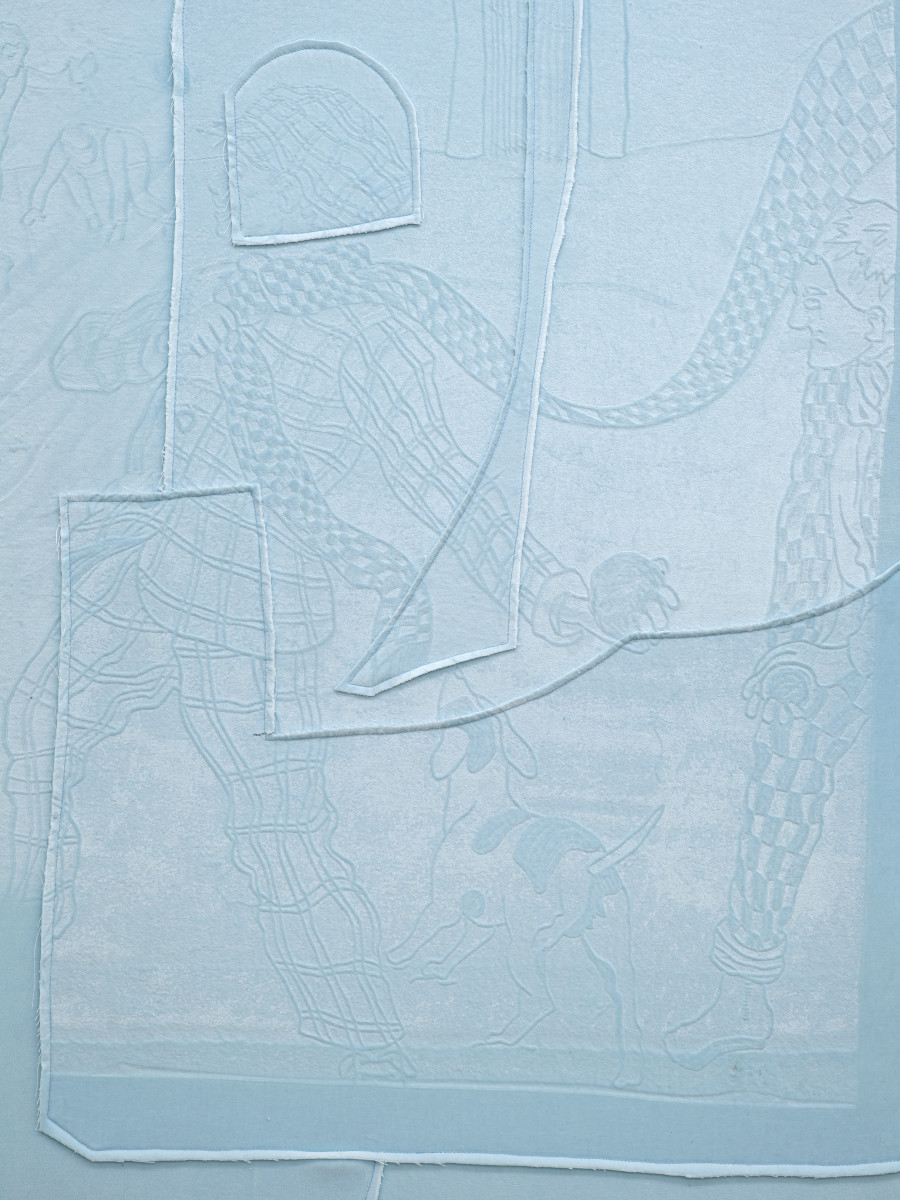 Cédric Eisenring, Fäustling (blau), Detail, Woodcut embossing on textile, wooden stretcher, wooden frame, 145 × 120 cm, 2024 / Photo: Cedric Mussano / Courtesy: The artist and Kirchgasse Gallery, Steckborn