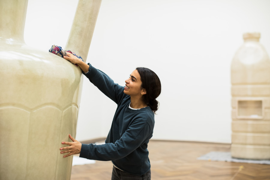 Alia Farid during installation of her solo exhibition In Lieu of What Is, Kunsthalle Basel, 2022. Photo: Nicolas Gysin / Kunsthalle Basel