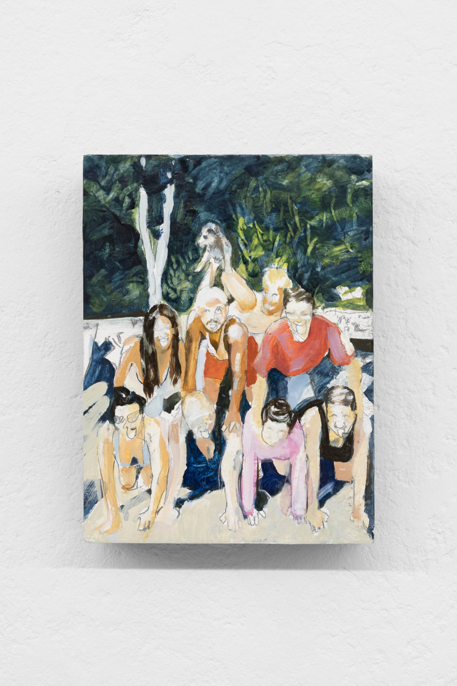 DonChristian Jones, Performance School Pyramid with Humans and Dog: Kate, DCJ, Kaur, Elise, Kristin, Monica, Colin, Halo 2024, 2024, Oil on wood, 20 × 15 × 4cm. Photo credits: marytwo