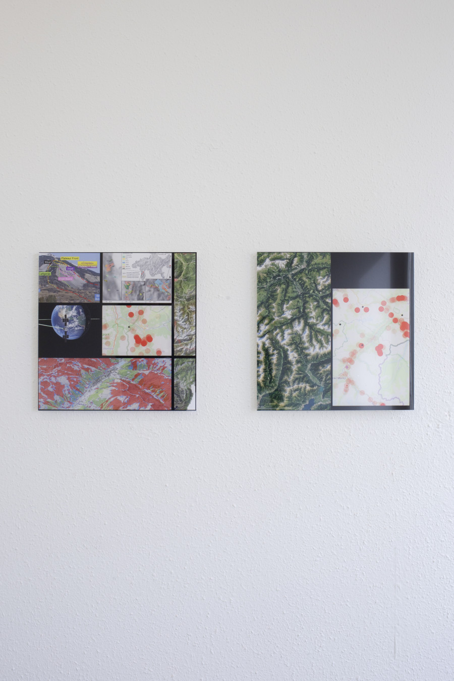 Exhibition view, Memory Mold, HAMLET, 2024. From left to right: Medjid Sopi, Seeking prevention, 2024, Digital print on plexiglass, 30x30cm; Medjid Sopi, Surveillance and Wildlife, 2024, Digital print on plexiglass, 30x30cm. Photo by Leevi Toija