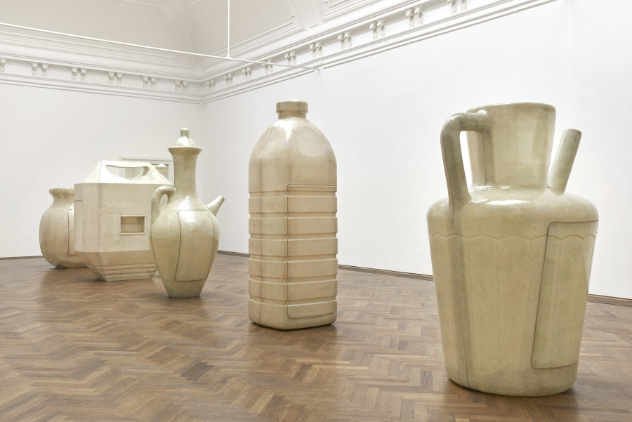 Installation view, Alia Farid, In Lieu of What Is, view f. l. t. r. on Lota, Jerrican, Juglet, Water Bottle, Jug/Pitcher, all 2022, Kunsthalle Basel, 2022. Photo: Philipp Hänger / Kunsthalle Basel