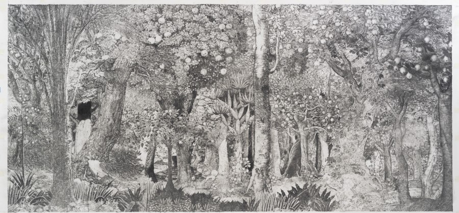 Didier Rittener, Les pommiers ou indécente forêt, 2014 – 2016, pencil on paper, 180.8 × 390 cm, Aargauer Kunsthaus. © Didier Rittener