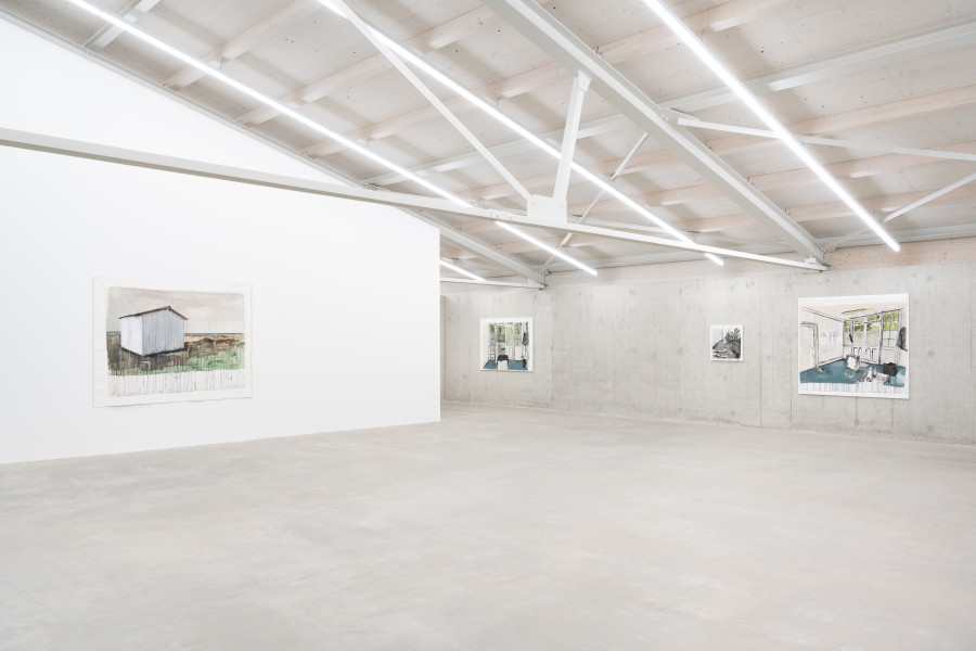 Tamara Al-Samerraei, Shed 2, 2025; Studio Titon 2, 2025; Corridor 2, 2024; Studio Titon 1, 2025. Courtesy of the artist and Marfa’ Projects, Beirut. Installation view Kunsthaus Baselland 2026. © Kunsthaus Baselland. Photo: Finn Curry / Kunsthaus Baselland