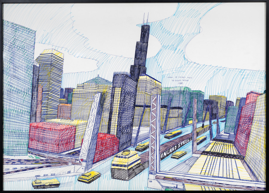 Wesley Willis The Chicago Skyline, Sears Tower, Chicago River…, 1986 Ballpoint pen and felt tip pen on board, 71 x 99 cm Collection of Rolf and Maral Achilles