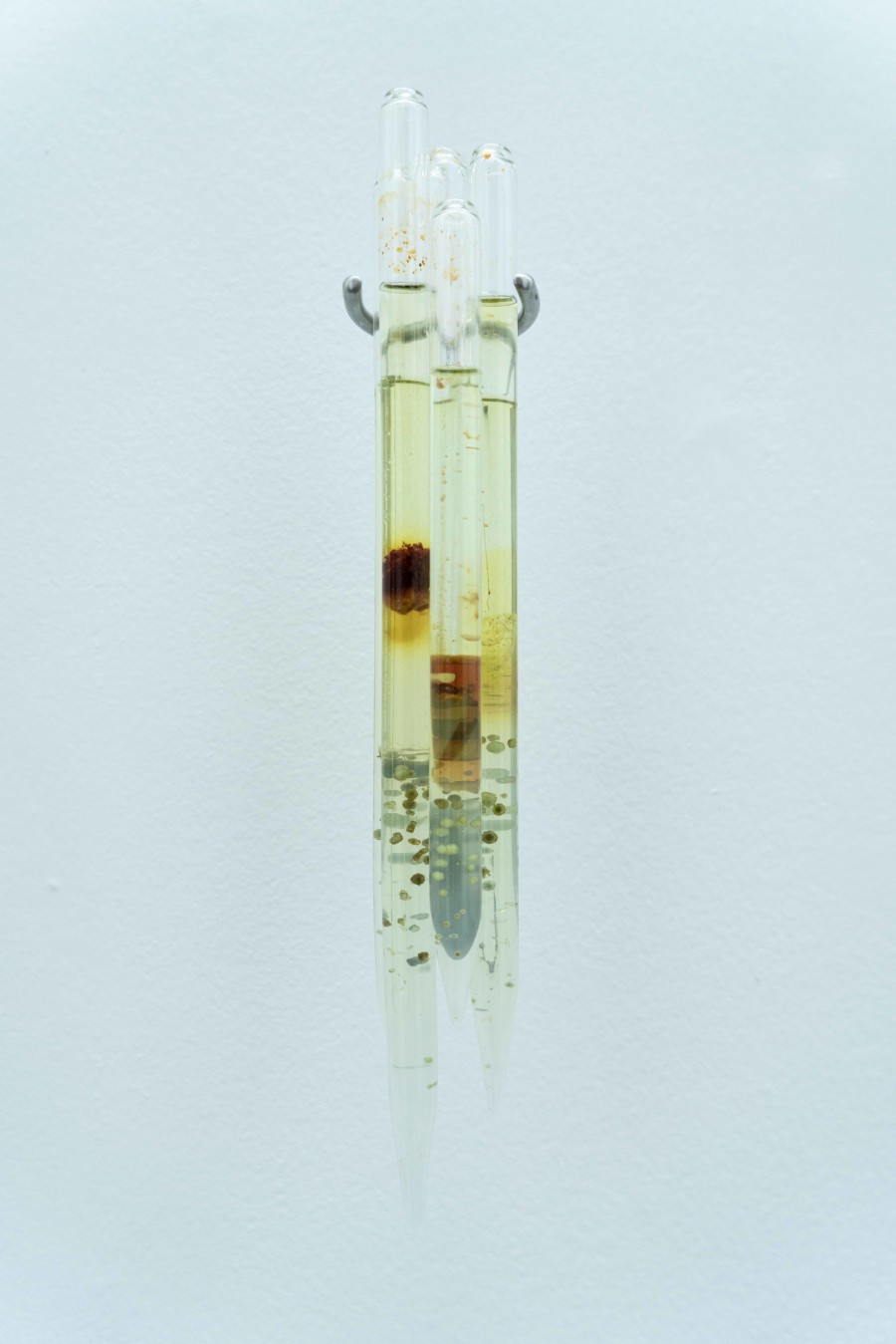 Junctures II, 2022, Silica gel, iron sulfate, iron tartrate crystals, glass, stainless steel, 30 x 5 x 5 cm. Photography courtesy Zoé Aubry and Looming