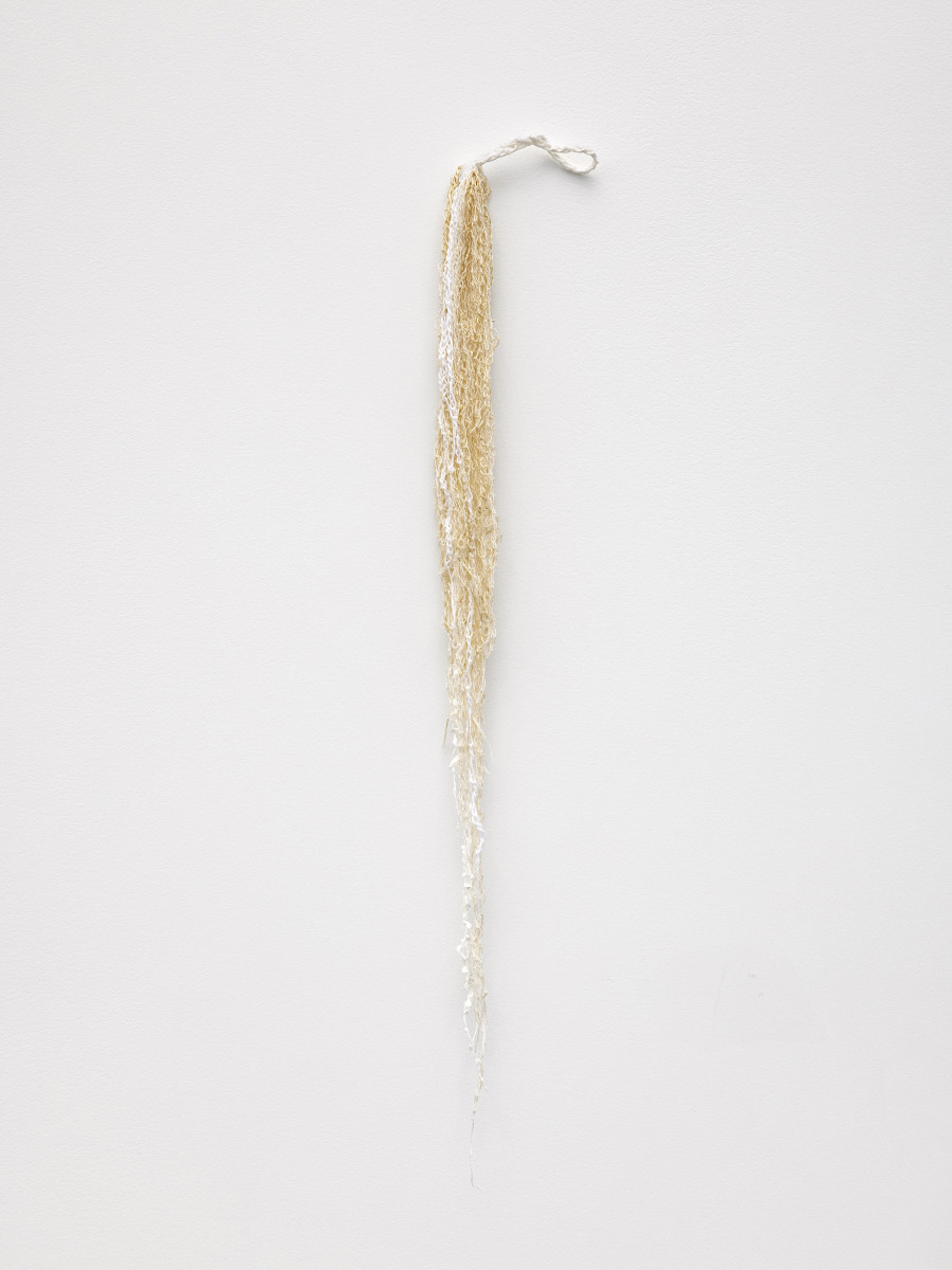 Hana Miletić, Materials, 2023, Crocheted and knotted textile (bright white organic cotton, organic cottolin, white latex-covered linen, and white paper yarn), 50 x 4 x 2 cm