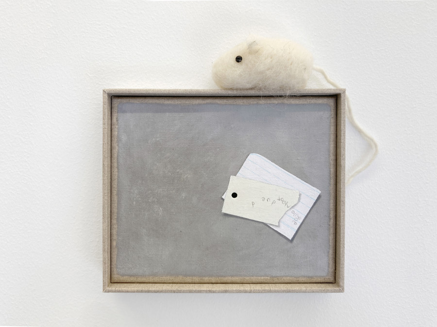 Min Yoon, A, G + ing: Lilac Position (detail), 2024, 2 parts: Plywood, wooden handles, wool felt; Oil on canvas, wool felt, artist’s frame, 137 x 38 x 7.5 cm; 16 x 19 x 2.5 cm. Photo: Galerie Francesca Pia