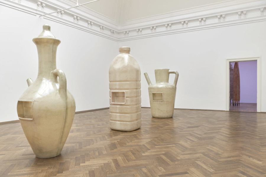Installation view, Alia Farid, In Lieu of What Is, view f. l. t. r. on Juglet, Water Bottle, Jug/Pitcher, all 2022, Kunsthalle Basel, 2022. Photo: Philipp Hänger / Kunsthalle Basel