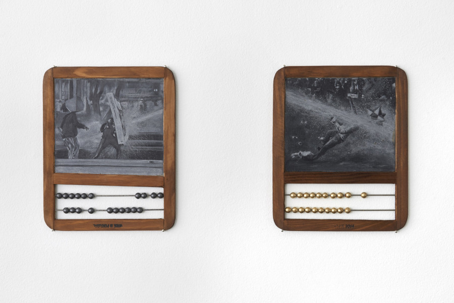 Andrea Mastrovito, Zero Casualties IV, 2021, Carved blackboard, abacus, 26 x 21 cm, The story of Melancholy, 2021, Carved blackboard, abacus, 30 x 23 cm.