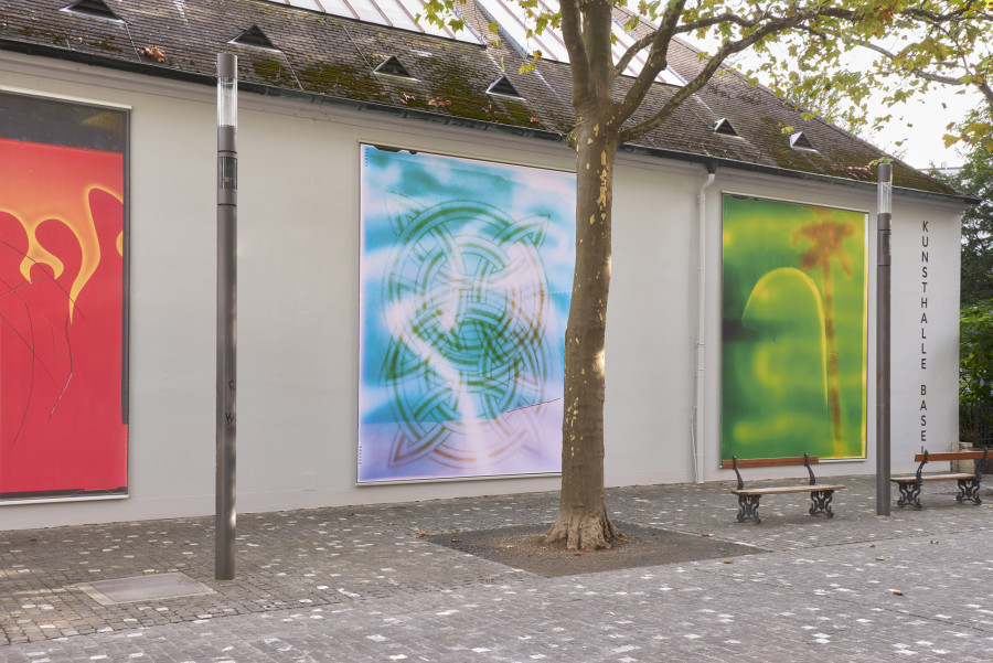 Ketuta Alexi-Meskhishvili, Verkleidung, Kunsthalle Basel back wall, 2022. Exhibition view from left to right: who lived well (flames), 2016; Georgian Ornament, 2020; Sss, 2016. Photo: Philipp Hänger / Kunsthalle Basel. All works courtesy the artist; galerie frank elbaz, Paris; and LC Queisser, Tbilisi
