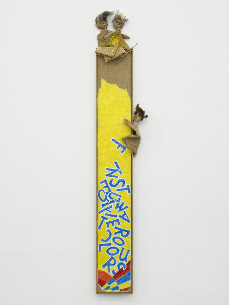 Min Yoon, Break + ing Time (front (proposal)), 2024, Watermixable oil on burlap, thread, polyester, wool felt, wire, hotpatch, magnets, brush, artist’s frame, 202 x 36.5 x 14 cm. Photo: Cedric Mussano