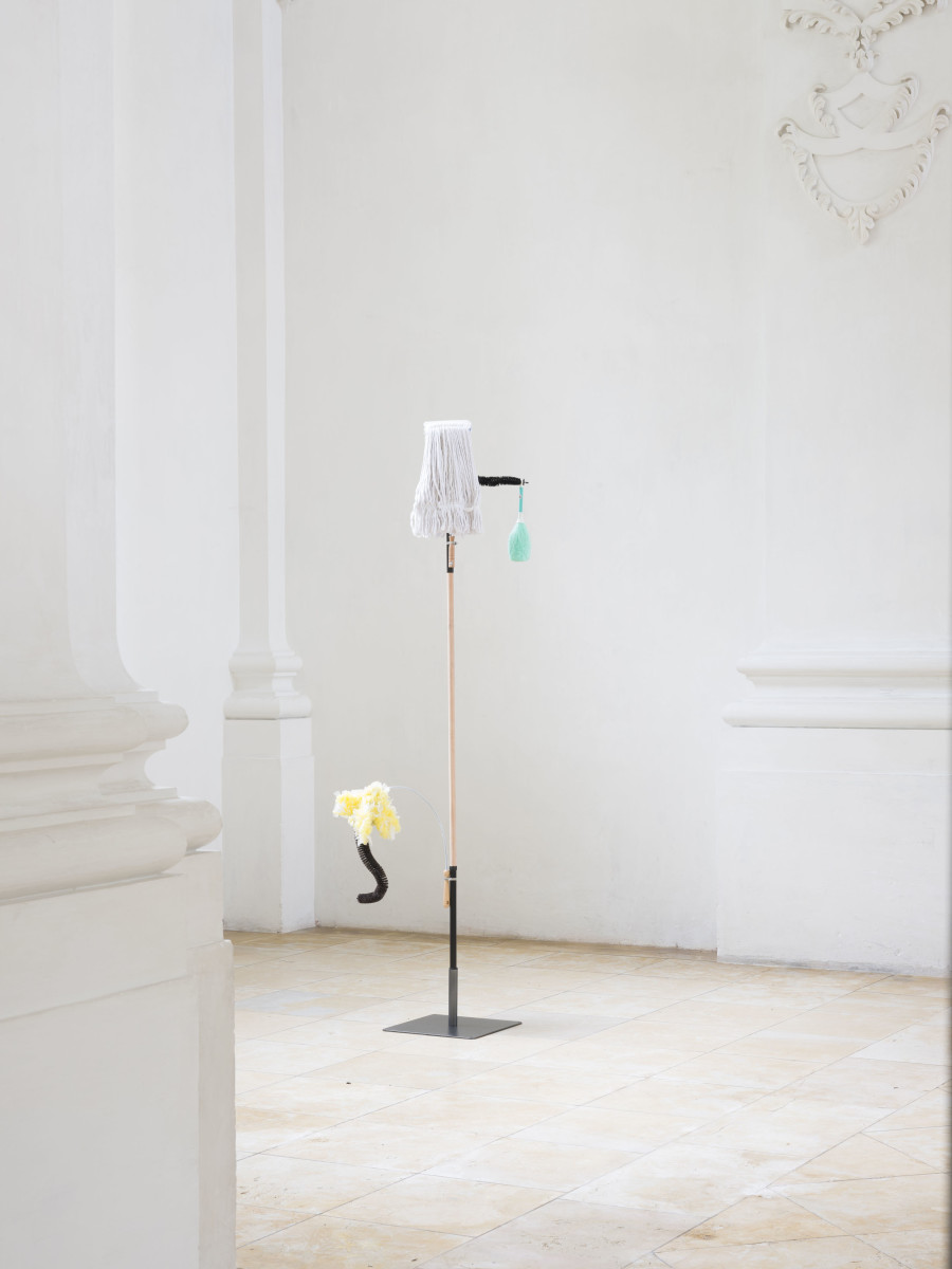 Claire van Lubeek, Household Haunters, 2024. Various cleaning tools and sticks, variable dimensions. Photo credit: Sebastian Verdon / Abbatiale Bellelay