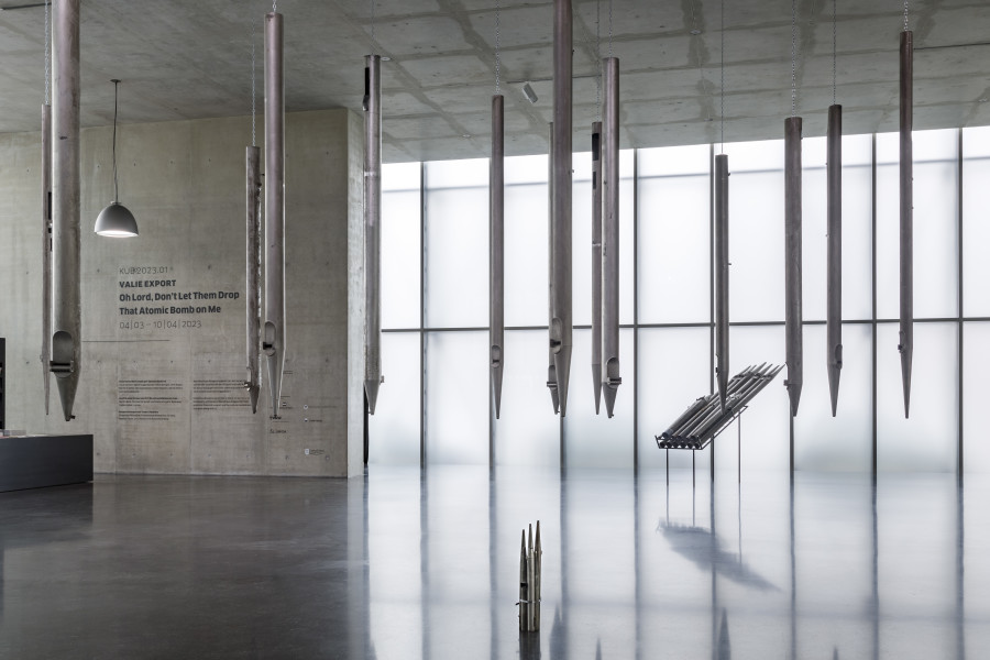 Valie Export, Oh Lord, Don't Let Them Drop That Atomic Bomb on Me, 2023, Installation view ground floor Kunsthaus Bregenz. Photo: Markus Tretter. Courtesy of the artist © Kunsthaus Bregenz, VALIE EXPORT / Bildrecht, Wien 2023
