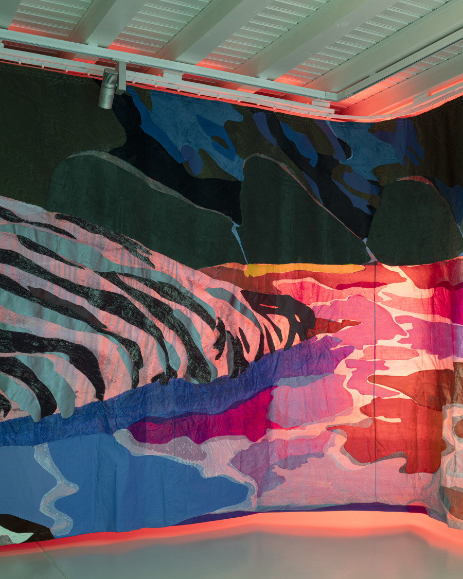 Jessica Decorvet, Paysage impossible, Exhibition view, 2026, Ferme de la Chapelle. © Photo by Dylan Perrenoud. Paysage impossible, 2026, fabrics glued onto printed spinnaker cloth.