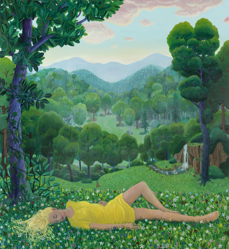 Ben Sledsens, Girl Lying in the Gras, 2019–2020. Öl und Acryl auf Leinwand, 230 x 210 cm, Tim Van Laere Gallery, Antwerpen