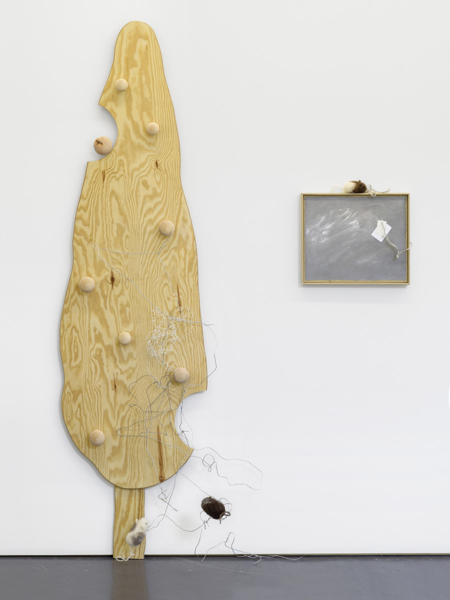 Min Yoon, A, G + ing: Dewrong Body, 2024, 2 parts: Plywood, wooden handles, wool felt, wire; Oil on canvas, wool felt, thread, artist’s frame, 185 x 50 x 7.5 cm; 31.5 x 37.5 x 3 cm. Photo: Cedric Mussano