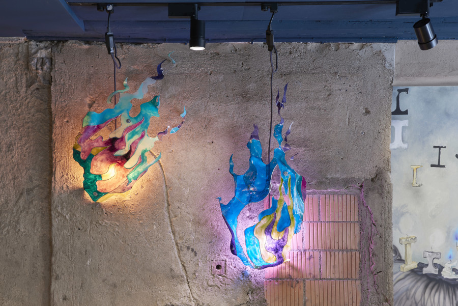 Ilaria Vinci, When Darkness, 2022, plexiglass, glass painting, smart led lightbulb, dimensions variable, photo: Cabaret Voltaire, Philipp Hänger. Courtesy: the artist