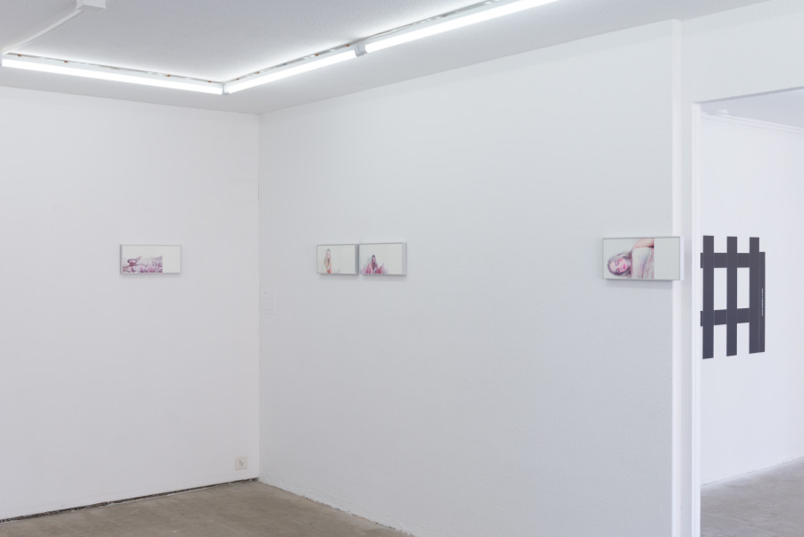 Exhibition view, Moniker, HAMLET, Zürich, 2025. From left to right: Gaia Del Santo, Addison Rae (after Addison Rae), 1-7, 2025, 7 Risograph prints on Lessebo 240g (10+ 1 AP), 17 x 38 cm; Noah Merzbacher, fence, 2025, UV flatdbed print on dibond