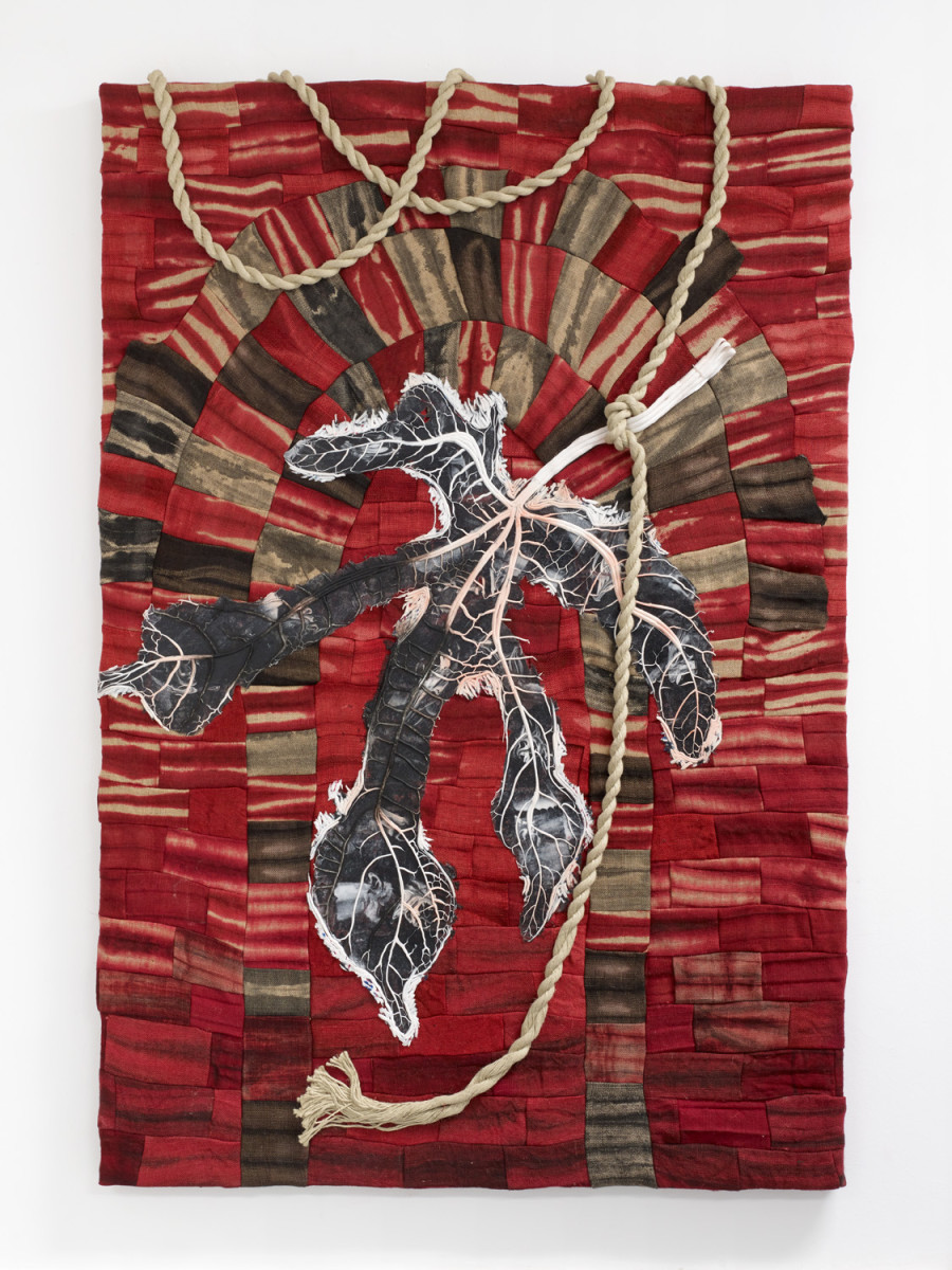 Watershed, 2022, cast silicone on dyed jute, pigment, rope, aluminum stretcher, 170 × 115 × 7 cm