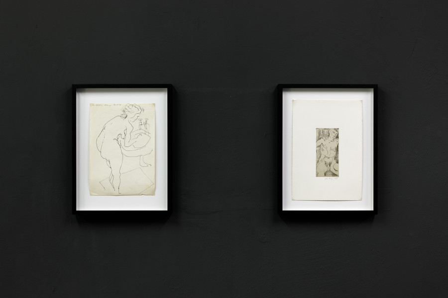 From left to right: John Berger, A. washing stockings, 1956, ink on paper, 21 x 29.7 cm and John Berger, JB’s naked selfportrait, 1950, etching print, 22.5 x 32.5 cm Photo: Kilian Bannwart