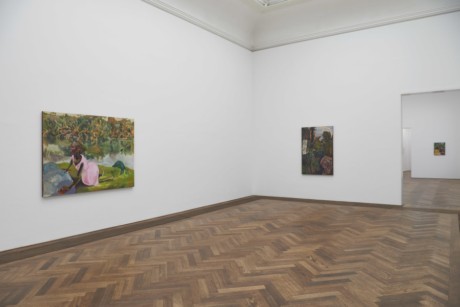 Installation view, Michael Armitage, You, Who Are Still Alive, Kunsthalle Basel, 2022, view (f. l. t. r.) on, Warigia, 2022; Account of an Illiterate Man, 2020; Homecoming, 2021. Photo: Philipp Hänger / Kunsthalle Basel. All works, unless otherwise mentioned, courtesy of the artist and White Cube. Cave, 2021, Courtesy of the artist and Pinault Collection