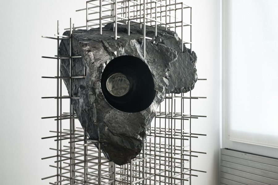 Julian Charrière, Soothsayer, 2021, anthracite coal, stainless steel, 228.8 x 95 x 95.2 cm