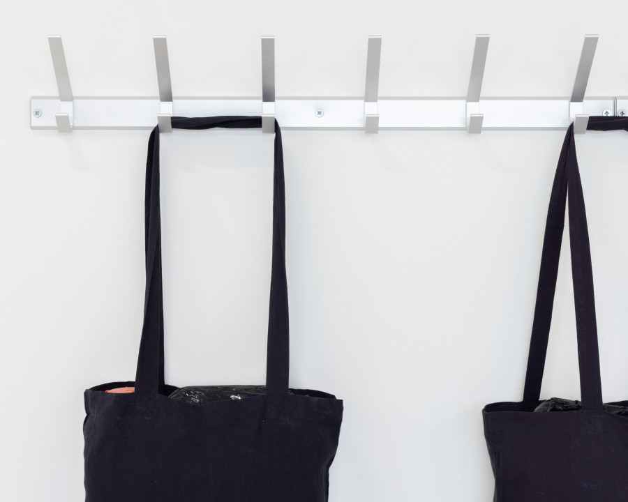 Exhibition view « BAZM »; Shirin Yousefi, BAZM (coat rack), 2024, detail, CALM – Centre d’Art La Meute, Lausanne, Switzerland, 2024 / Photo: Théo Dufloo / Courtesy of the artist and CALM – Centre d’Art La Meute.