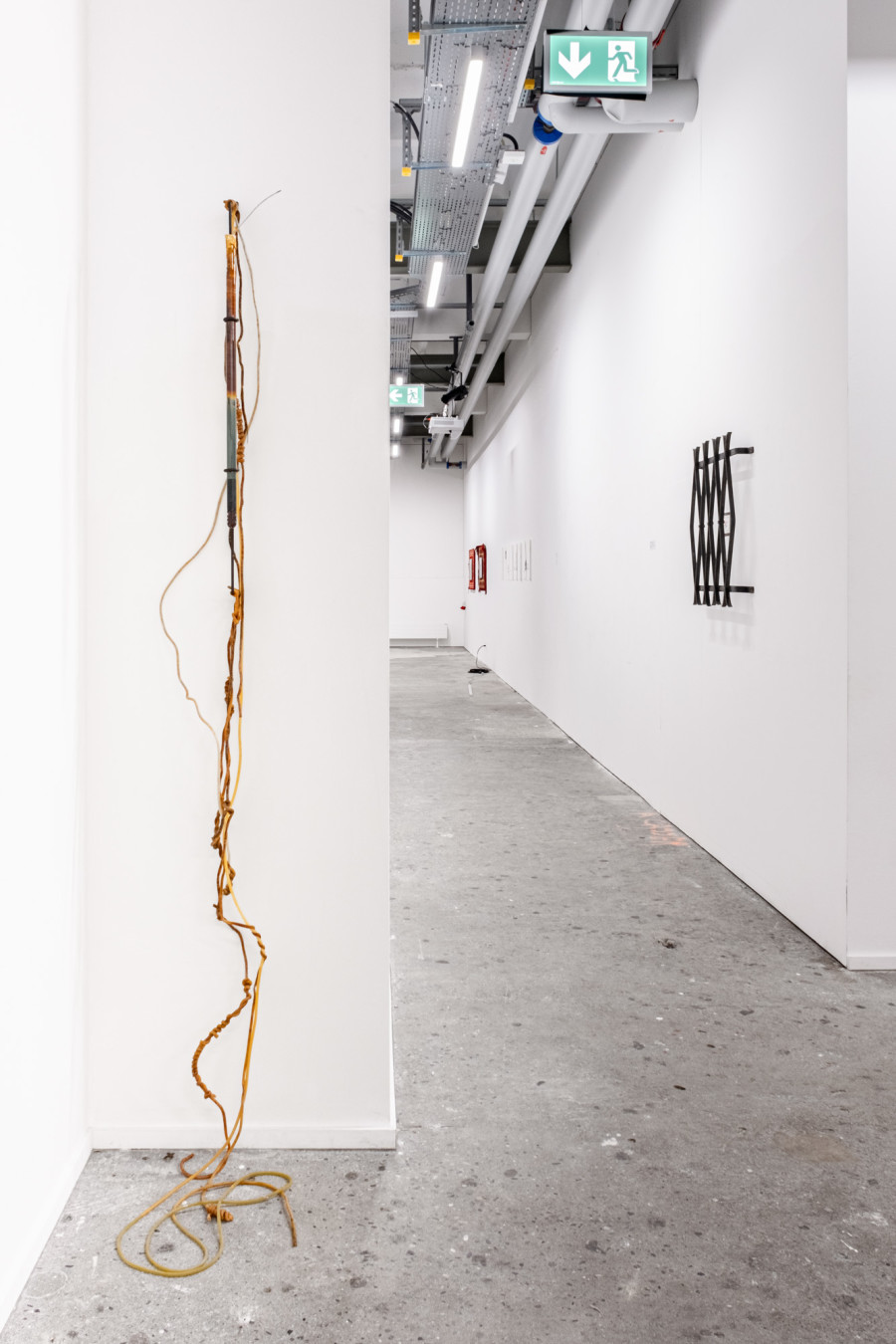Exhibition View Group Show «Zahltag; view on Matheline Marmy, Saturate (Displacement), 2022, glass tube, water, copper oxide, iron oxide, steel wire, patinated steel, 80 x 10 cm» at Le Commun, Geneva, 2024 / Photo: Daniel Leal / Courtesy: Spielact Festival