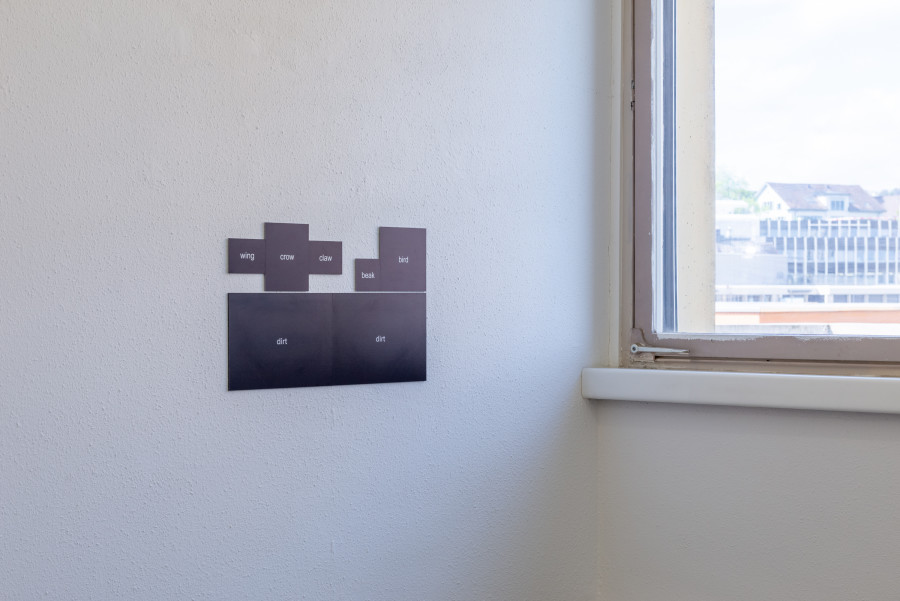 Exhibition view, Moniker, HAMLET, Zürich, 2025. Noah Merzbacher, two birds, 2025, UV flatdbed print on dibond