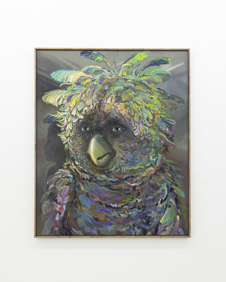 Michele Gabriele, “Portrait of a Parrot. An Unbothered, Sad, and Cringe Parrot. Indifferent to its Context.”, from the Solo Show “Brambora” at Kaly Gallery, Lucerne, CH, Acrylic on canvas, artist frame, 51 1/8 x 42 1/8 in, 130 x 107 cm, 2025. Courtesy of the Artist and Kali Gallery. Photo by Kim da Motta