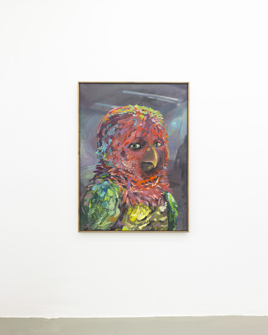 Michele Gabriele, “Portrait of a Parrot. An Unbothered, Sad, and Cringe Parrot. Indifferent to its Context.”, from the Solo Show “Brambora” at Kaly Gallery, Lucerne, CH, Acrylic on canvas, artist frame, 51 1/8 x 37 3/8 in, 130 x 95 cm, 2025. Courtesy of the Artist and Kali Gallery. Photo by Kim da Motta