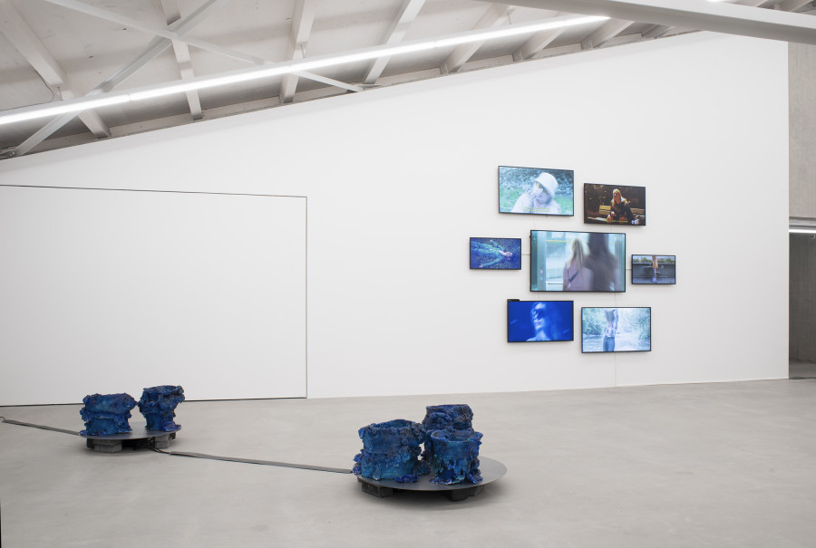 Odilia Flurina Senn, Stunde Blau 1.0: Im Kampf der Tyrannei der Tristesse; Stunde Blau 2.0, both 2024; Nora Lune, CCTV, 2024. Installation view You Can Break a Rock With an Egg, Graduation Exhibition Bachelor and Master Institute Art Gender Nature HGK Basel FHNW, Kunsthaus Baselland, 2024, photo: Christian Knörr