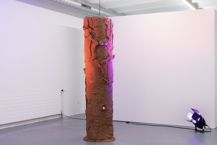 Ashton Phillips, Authority Complex (Mold me. Hold me. Take me. Break me. Use me for your pleasure. Be not afraid.), 2025, Clay, wire, burlap, steel, wool, stage lights, 4-channel sound work, 195 × 47 cm. Photo credits: marytwo