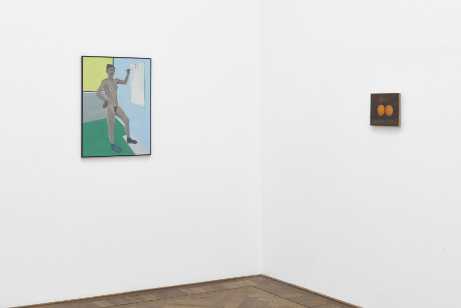 Installation view, Eine Karte -35/65+, view on (f.l.t.r.) Camille Brès, Autoportrait aux 32 ans, 2019, and Alfred Wirz, 2 Orangen, 2019, Kunsthalle Basel, 2019. Photo: Philipp Hänger / Kunsthalle Basel