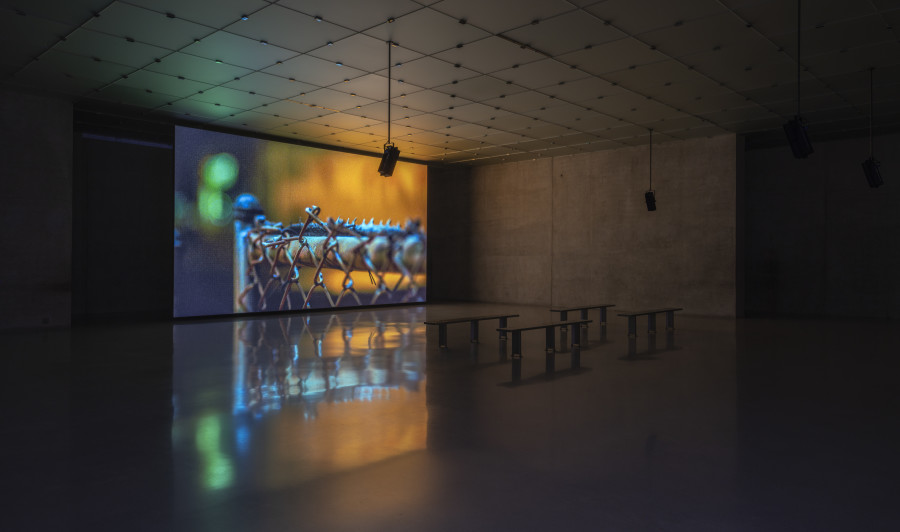 Cyprien Gaillard, When you expect flutes, it’s whistles, Exhibition view third floor Kunsthaus Bregenz, 2026, DETERRENT, 2026. Photo: Timo Ohler. © Cyprien Gaillard, Kunsthaus Bregenz. Courtesy of the artist, Kunsthaus Bregenz, Fondazione Prada
