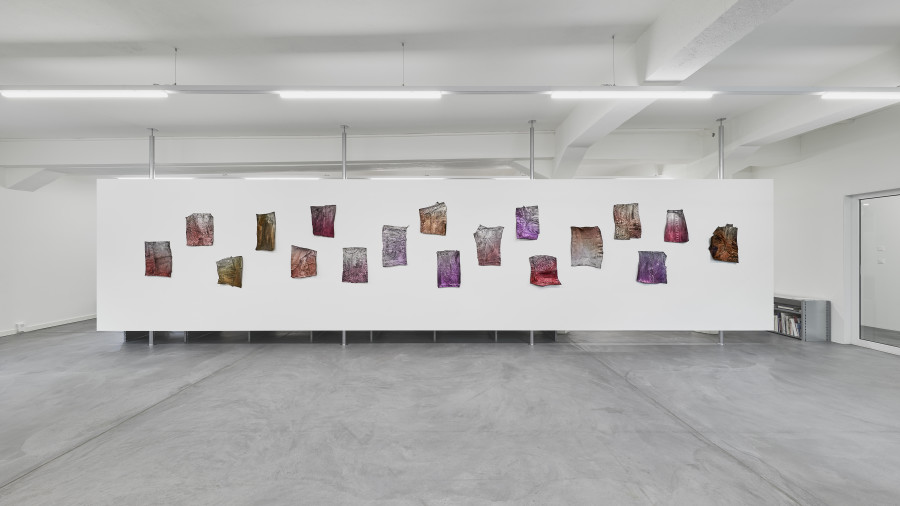 Installation view Edition VFO, Manon Wertenbroek, “sans titre” (1-19, series of unique artworks), 2024, textile, latex, acrylic color, varnish. Photography: Bernhard Strauss