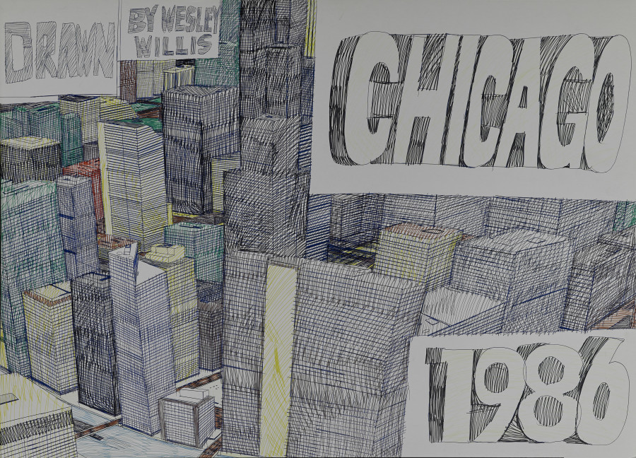Wesley Willis Chicago 1986, 1986 Ballpoint pen and felt tip pen on board, 71.5 x 99.5 cm Collection of Rolf and Maral Achilles Photo ©John Faier