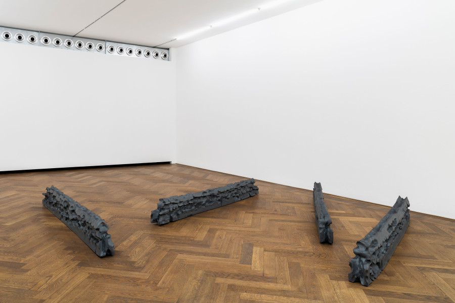 Raphael Hefti, installation view, Salutary Failures, Kunsthalle Basel, 2020, view on Dr. Sattler: So, what are you thinking? Dr. Grant: We’re out of a job. Dr. Malcom: Don’t you mean extinct?, 2020. Photo: Gunnar Meier / Kunsthalle Basel. Courtesy of the artist.