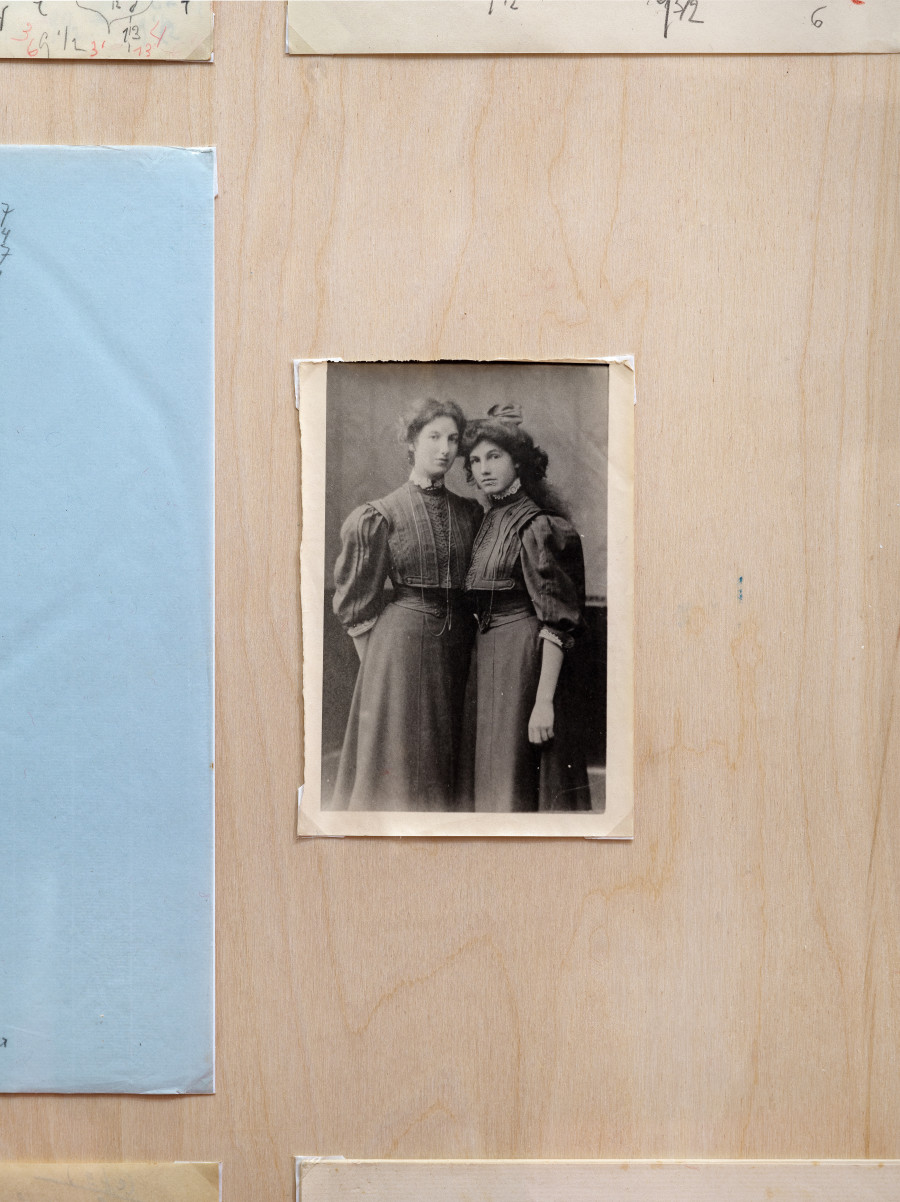 Exhibition view “Suzanne Perrottet. After Dada, After Dance,” Cabaret Voltaire 2025; detailed view of the pre- sentation with originals from the Perrottet family estate (photograph of Lili and Suzanne Perrottet, undated). Pho- to: Cedric Mussano. Courtesy: Suzanne Perrottet, Walter Schwabe / Fotostiftung Schweiz, Luise Schwabe / ProLitteris, Niklaus Stauss, Johann Adam Meisenbach, Tarren Johnson & Joel Cocks, Elaine Mitchener, New Kyd, Thibault Lac.