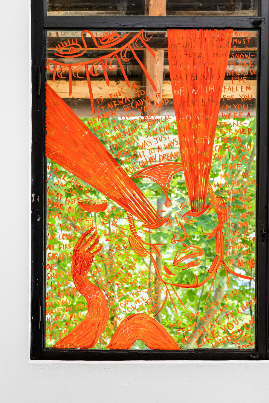 Leila Peacock, Psychomachia - Pick-up..., 2023, Cel-vinyl paint on glass, 85 x 127 cm. Photo: Kilian Bannwart