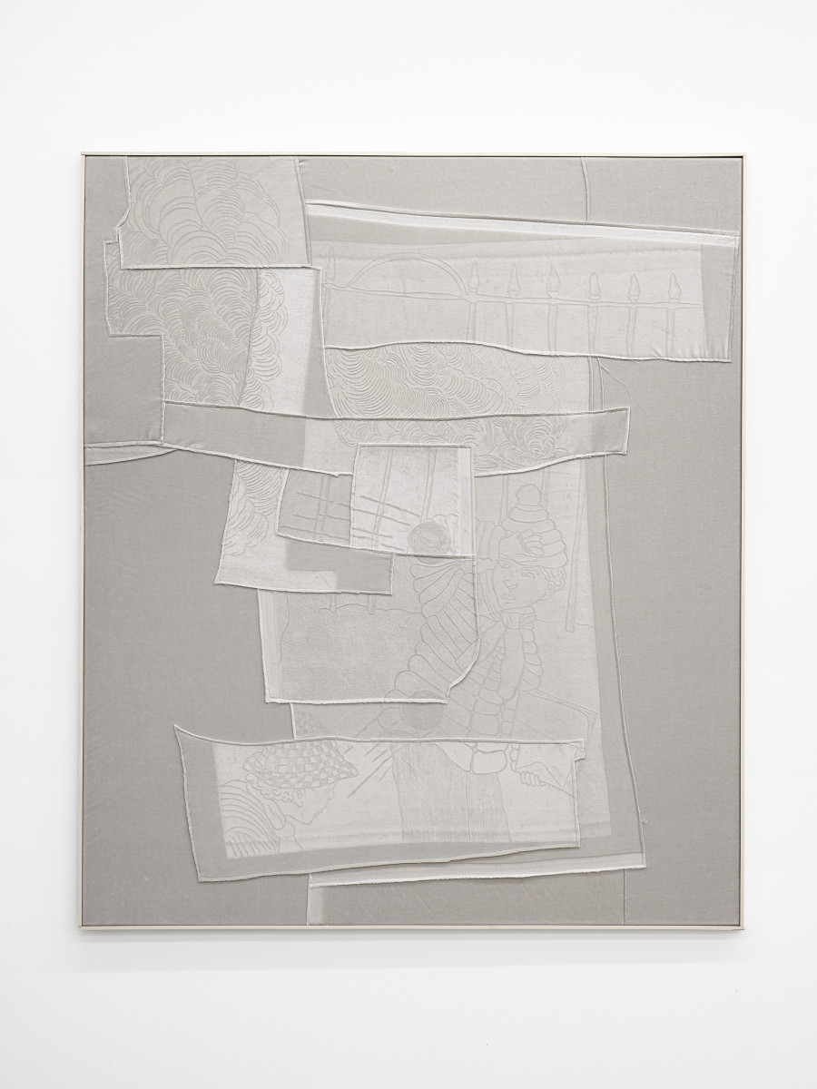 Cédric Eisenring, Fäustling (grau), Woodcut embossing on textile, wooden stretcher, wooden frame, 135 × 115 cm, 2024 / Photo: Cedric Mussano / Courtesy: The artist and Kirchgasse Gallery, Steckborn