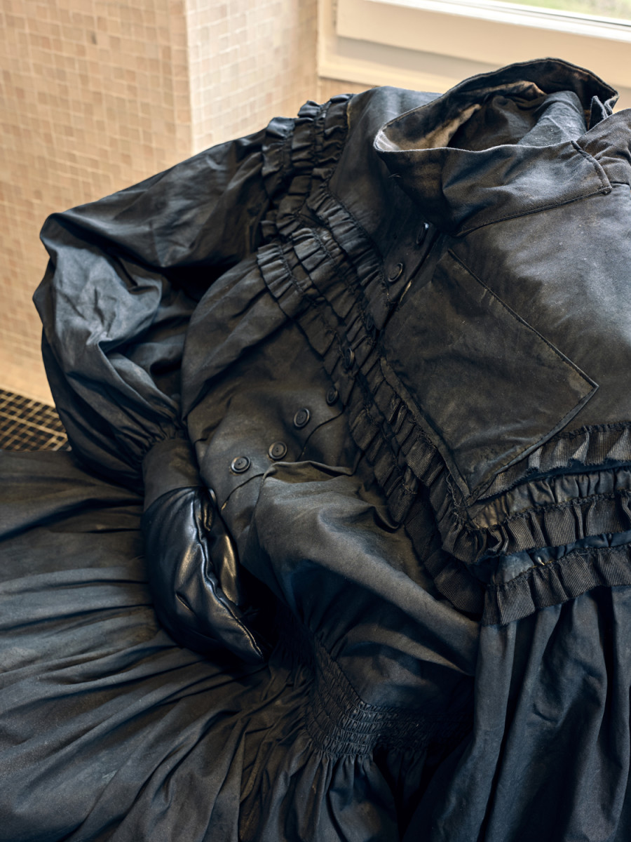 Exhibition View, ‘Stitches: A Haunted House and Other Ghost Stories’ at the Villa Bernasconi, 2026 / Photo by Nicolas Delaroche Studio. Gregory Tara Hari, House of Endless Corridors, 2025, mixed fabrics, dye, leather, smartphone. Costume: Lena Schmid