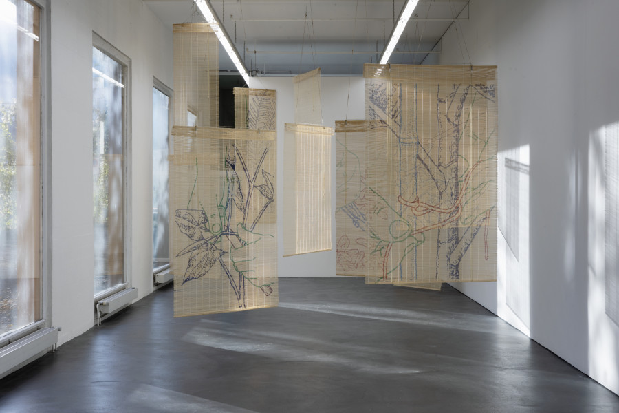 Sergio Rojas Chaves, Green Thumb Syndrome, 2022, Holzvorhänge, Dimensionen variabel. Installation view Kunsthaus Baselland 2023. Photo: Gina Folly