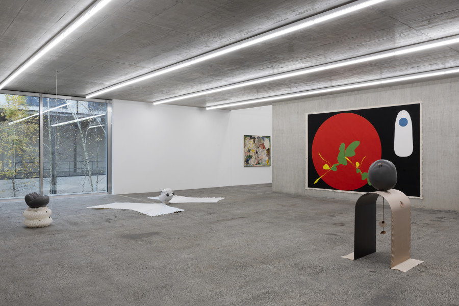 Maude Léonard-Contant, Sauvage fraise; The night rules; Poppy pâmoison, 2023. Courtesy the artist. Pia-Rosa Dobrowitz, RGB_black1, 2022. Courtesy the artist. Ausstellungsansicht / Installation view Kunsthaus Baselland 2024. Foto / Photo: Gina Folly