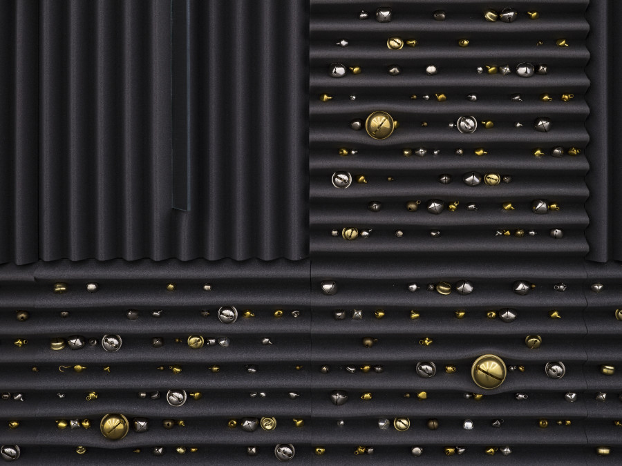 Sarah Benslimane, 2025 (detail), 2025, Acoustic foam, bells, mirror, metal, 150 x 242 x 12 cm. Photo: Cedric Mussano