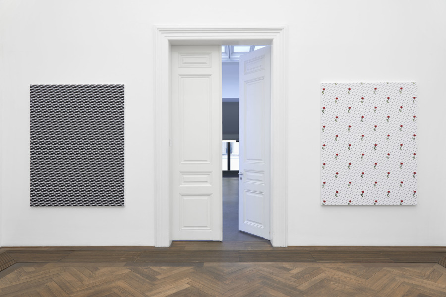 Installation view, INFORMATION (Today), Kunsthalle Basel, 2021, view on Tobias Kaspar, All-over logo (black), 2020 (left) and Logotype (red rose), 2020 (right). Photo: Philipp Hänger / Kunsthalle Basel