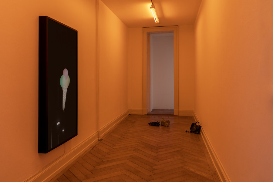 Regionale 24, installation view, room 5, Nina Rieben, you had that look upon your face, advertising space oh – ohhh, 2023; Abendtasche (they didn‘t know either), 2023; Abendtasche (filler), 2023 and Abendtasche (maybe), 2023, Photo: Nina Rieben.