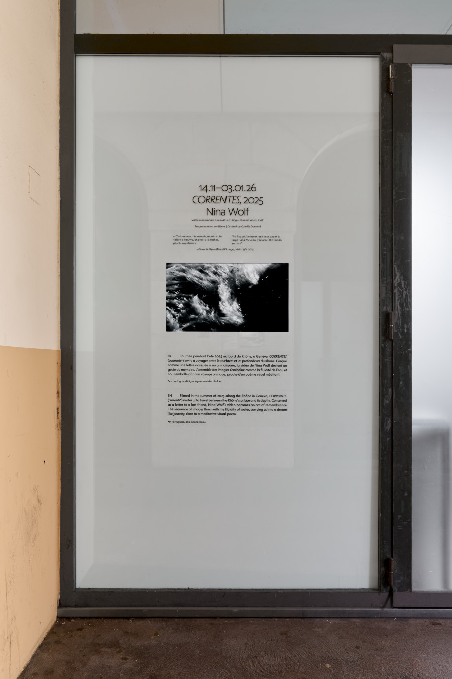 Exhibition view, Nina Wolf, CORRENTES, Halle Nord, Geneva, 2025. Photo credit: © Thomas Maisonnasse / Halle Nord, 2025