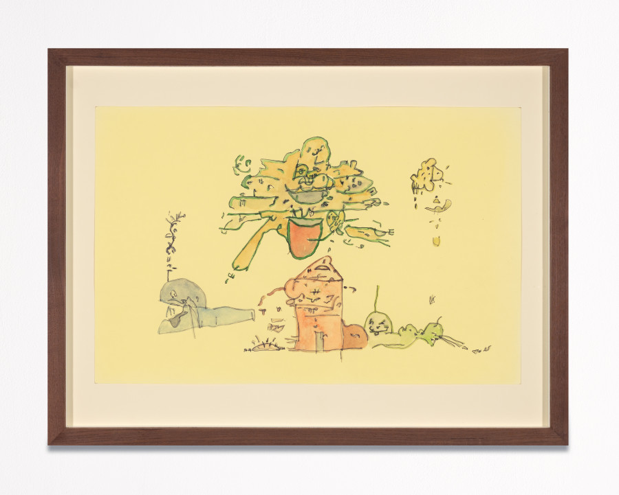 Ross Simonini – Pleasure in Yellow, 2021-2022, watercolor on paper, framed, 28 x 43 cm. ©2023 suns.works and the artists. Photography: Flavio Karrer