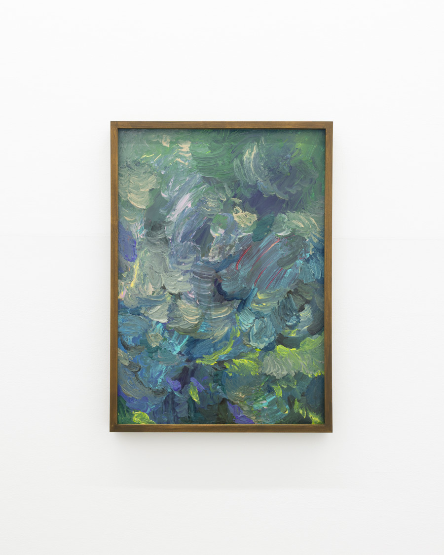 Michele Gabriele, “Study for the Plumage of a Parrot. An Unbothered, Sad, and Cringe Parrot. Indifferent to its Context.”, from the Solo Show “Brambora” at Kaly Gallery, Lucerne, CH, Acrylic on paper, framed, 12 1/4 x 16 1/2 in, 31 x 42 cm, 2025. Courtesy of the Artist and Kali Gallery. Photo by Kim da Motta